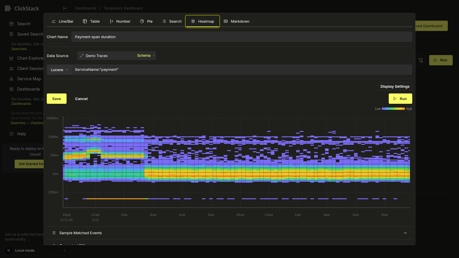 Редактор плитки тепловой карты с предзаполненными значениями по умолчанию для длительности span, фильтром ServiceName `payment` и кнопкой Display Settings